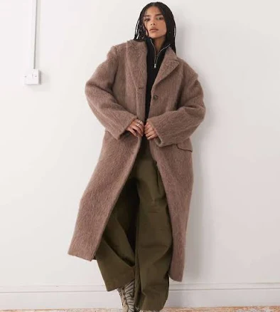 Weekday hairy alpaca & wool look oversized coat with exaggerated shoulders in brown