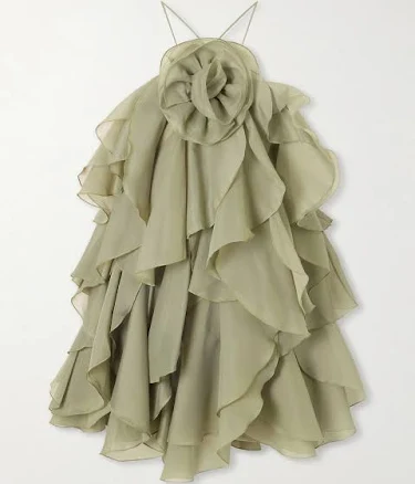 Aje Pandorea Appliquéd Ruffled Layered Chiffon Mini Dress - Women - Green Dresses - XL