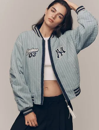 The Wild Collective Varsity Denim Bomber Jacket
