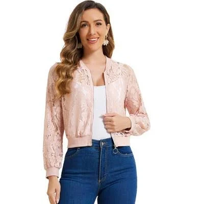 Allegra K Women's Stand Collar Zip Up Sheer-Mesh Lace Bomber Jacket