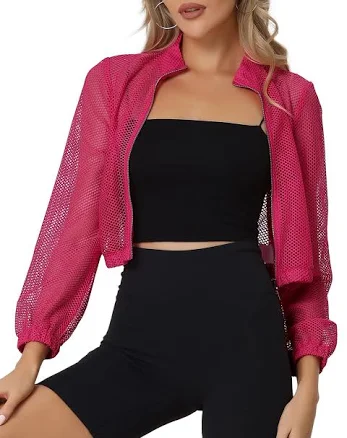 Women's Mesh Sheer Zipper Crop Bomber Jacket