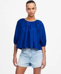 Shirred Puff-Sleeve Top in Cotton-Silk Voile