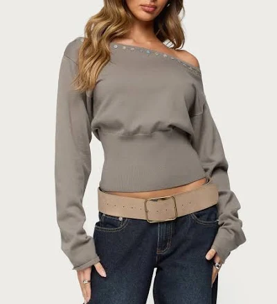 Edikted Women's Carmela Iridescent Button Off Shoulder Sweater