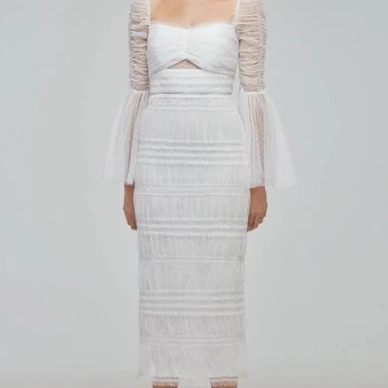 Self-Portrait Dot Mesh Shirred Midi Dress