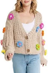 SAACHI Women's Chunky Floral Crochet CardiganSAACHI Women's Chunky Floral Crochet Cardigan
