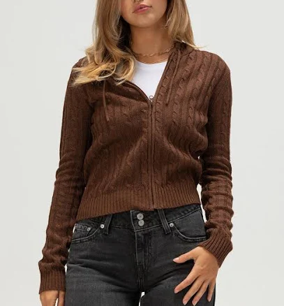 Love Tree Women's Zip-Up Hooded Cable Knit Sweater