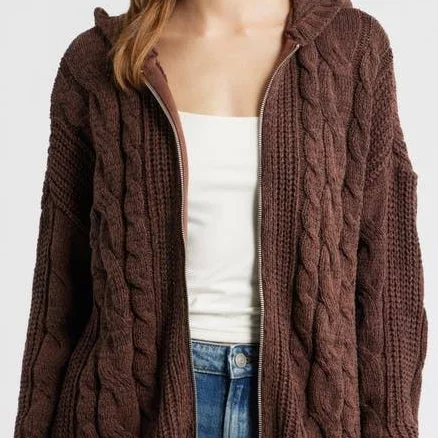 PacSun Women's Dylan Cable Knit Zip-Up Hooded Sweater