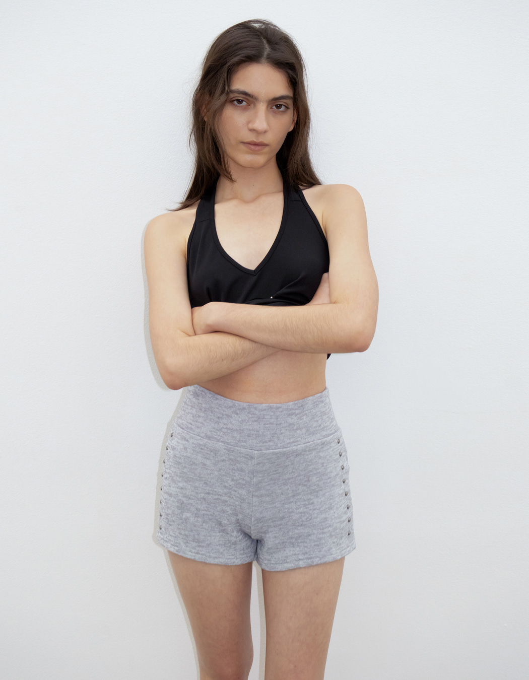STUDDED DOLPHIN SHORTS, GRAY