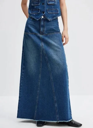 Reconstructed High-Rise Denim Maxi Skirt with Raw Hem