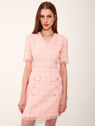 V Neck Fringe Tweed Dress