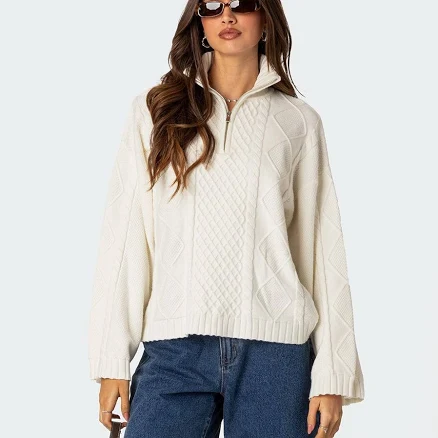 Edikted Women's Oversized Quarter Zip Cable Knit Sweater