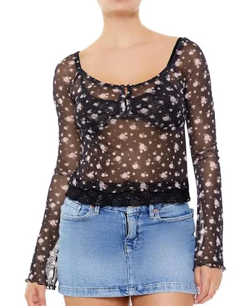 Bonton Sheer Mesh Rose Print Top