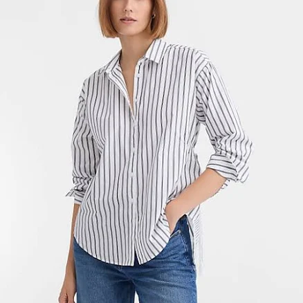 Loft Women's Petite Striped Poplin Tunic Shirt with Cutout Back