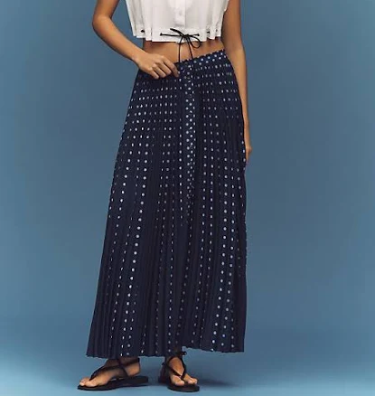 Pleated Button-Front Maxi Skirt by Maeve in Blue, Size: Medium at Anthropologie