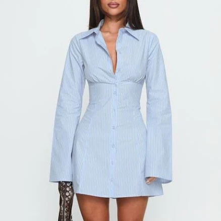 Princess Polly Tawni Stripe Long Sleeve Cotton Mini Shirtdress