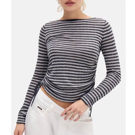 BDG Women's Stripe Side Ruched Sheer Knit Top