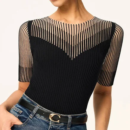 Sheer Striped Ribbed Knit Top