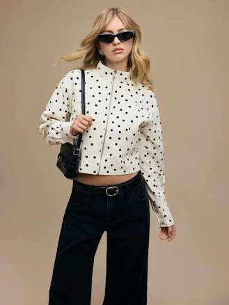 Woven Linen-blend Polka Dot High Neck Zip Through Jacket