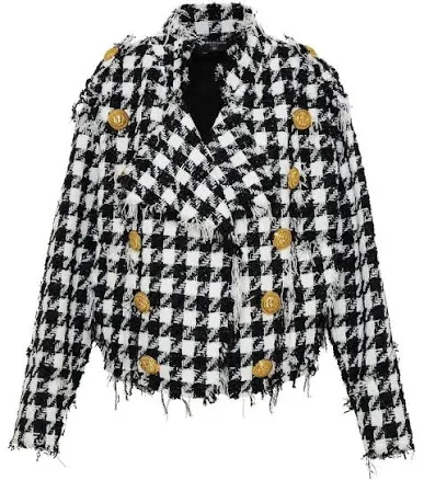 Balmain Houndstooth Pattern Frayed Tweed Jacket - FR40