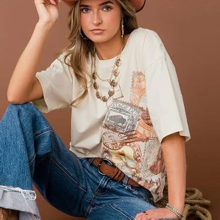 Sterling & Stitch Women's Cotton Postage Stamp T-Shirt