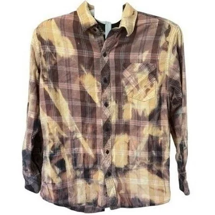 Bleached Flannel Shirt Tie Dye Rust Gray Upcycled Unisex Medium/large