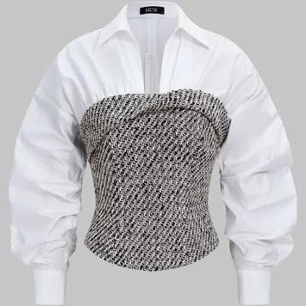 Micas Women's Casual Tweed Patchwork V-Neck Long-Sleeve Shirt