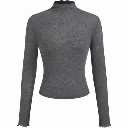 CIDER Women's knit fabric wool-blend high neck long sleeve work top lettuce trim, professional office and casual