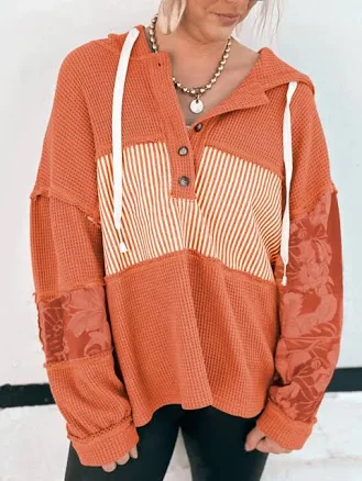 Waffle Knit Color Block Striped Hoodie with Drawstring