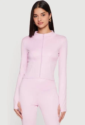 Women's Cropped Mock Neck Zip Front Jacket with Thumb Holes