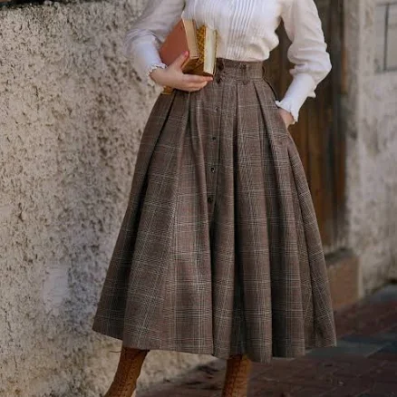 Santal 3 Retro Plaid Midi Wool Skirt