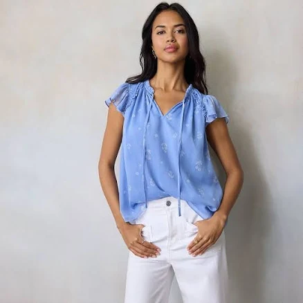 Women's LC Lauren Conrad Ruffle V-Neck with Trim Top, Size: XXL, Blue Dandelion Sprigs