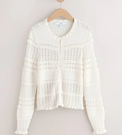 Next Ecru Shirred Frill Knitted Cardigan
