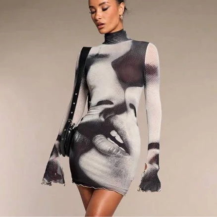 Mesh Kiss Face Mini Dress