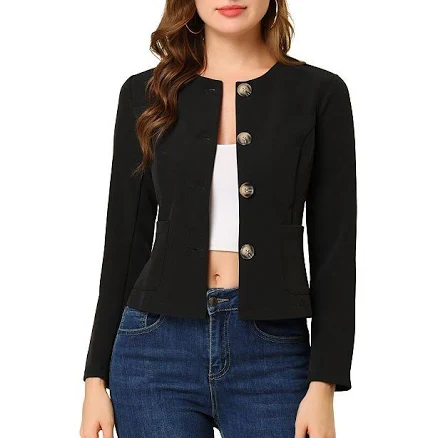 Women's Fall Vintage Lightweight Short Button Jacket with Pockets, Size: Small, Black
