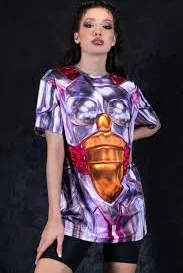 Pink Robot T-shirt for Women, funny naked Halloween shirt, cyborg graphic tee, couple Halloween costume, polyester oversize tshirt dress
