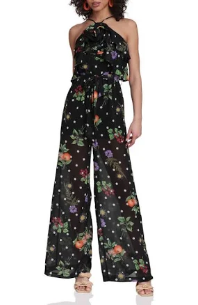 AVEC LES FILLES Women's Floral Polka Dot Halter Neck Jumpsuit