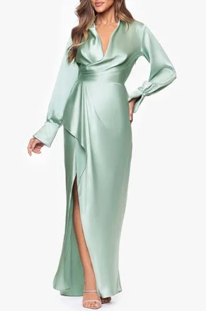 Xscape Women's Evenings Collar Long Sleeve Satin Gown