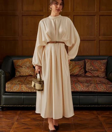 CIDER Women's Maxi Dress Stand Collar Cinched Waist Pleated Long Sleeve