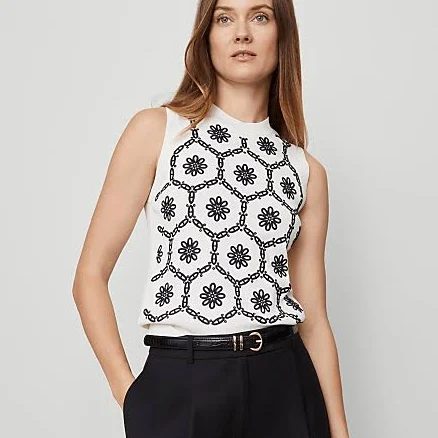 Ann Taylor Women's Floral Embroidered Sweater Shell Top