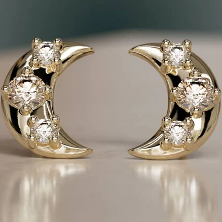 Crescent Moon Stud Earrings in Gold Diamond