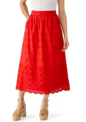 Crown & Ivy Women's Petite Eyelet Midi Skirt, Red, PM, Cotton