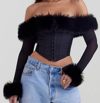 'Merle' Faux Fur Trim Corset