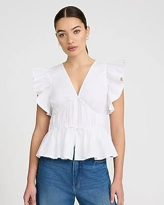 Express Women's Stretch Cotton V-Neck Flutter Sleeve Tie Front Top
