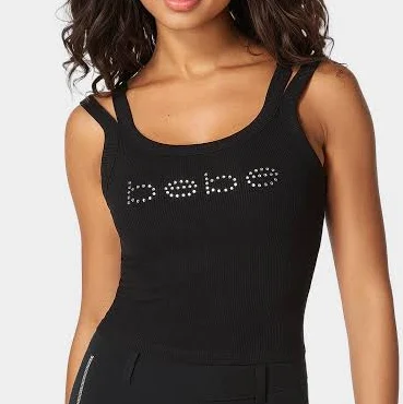 Women's bebe Logo Double Strap Single Stone Rib Top