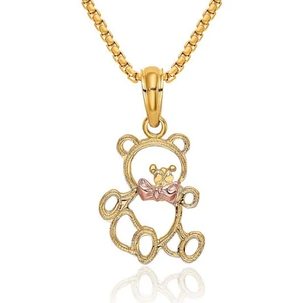 14K Solid Two Tone Gold Teddy Bear Bow Tie Necklace