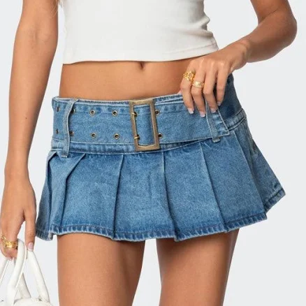 Edikted Women's Denim Pleated Low-Rise Micro Skort