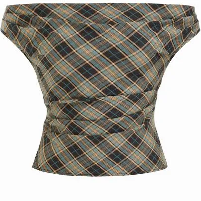 CIDER Women's Tops Woven Off-shoulder Tartan Ruched Date Night Romantic and Crop Top