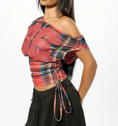 Off-Shoulder Tartan Plaid Wrap Top