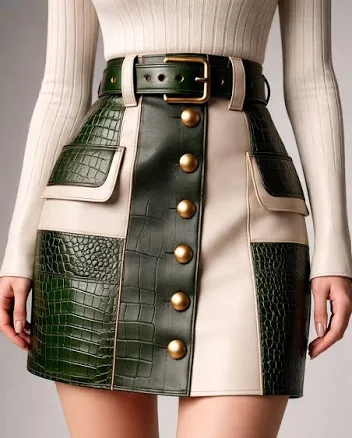 Women's High-Waisted Crocodile Embossed Patchwork Leather Mini Skirt with