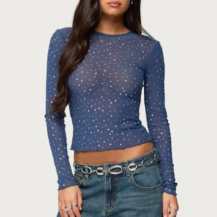 Edikted Women's Anari Rhinestone Mesh Top